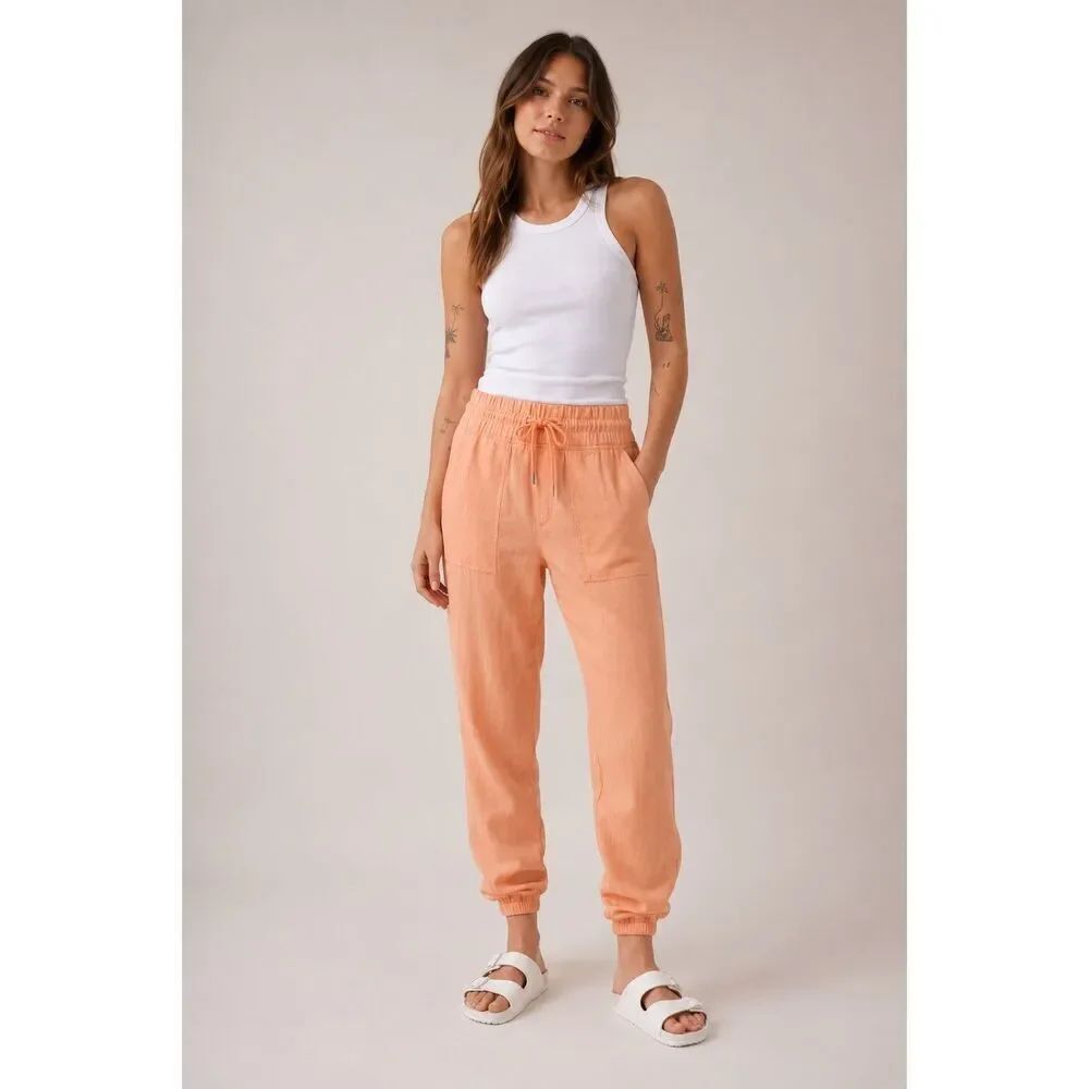 Athleta Womens Cactus Peach High Waisted Cabo Linen Jogger Pants Size 12